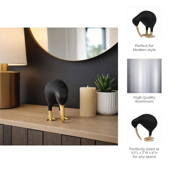 Liv & Skye Black 6 in. x 6 in. Metal Kiwi Bird Figurine in Modern