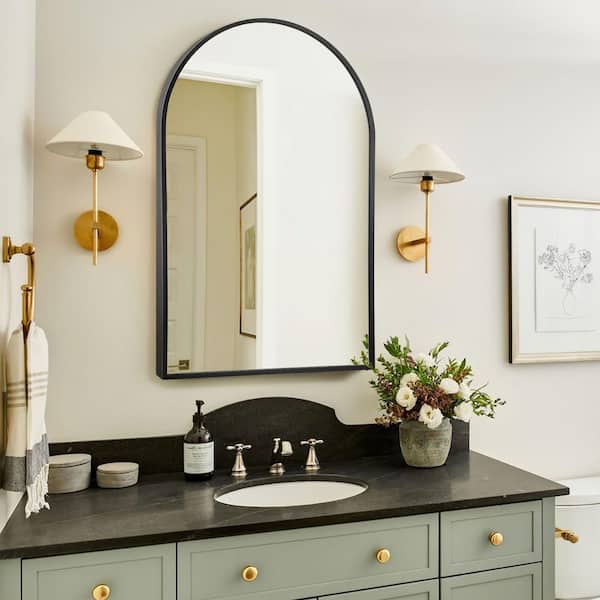 Unbranded Aluminum Slim Frame Bathroom Mirrors Black Arch 24 in. W x 36 in. H Arched Corner