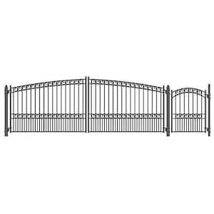 21 ft. x 6 ft. Black Steel Dual Swing Driveway Gate Paris Style 16 ft. with Pedestrian Gate 5 ft. Fence Gate