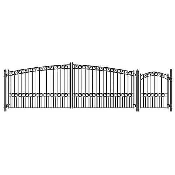 ALEKO 21 ft. x 6 ft. Black Steel Dual Swing Driveway Gate Paris Style 16 ft. with Pedestrian Gate 5 ft. Fence Gate