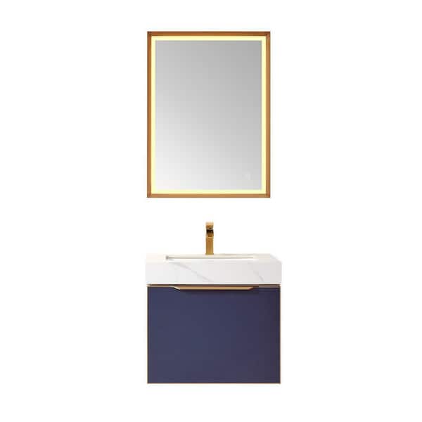 ROSWELL Alicante 24 in. W x 21 in. D x 22 in. H Single Sink Bath Vanity in Blue with White Composite Stone Top and Mirror