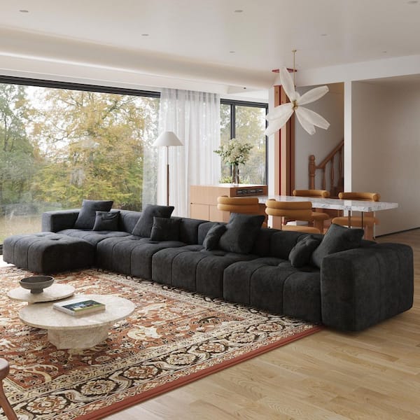 J&E Home 183.54 in. Square Arm Linen Oversized 5-piece Sponge Modular Free Combination Sectional Sofa with Soft Cushion in. Black