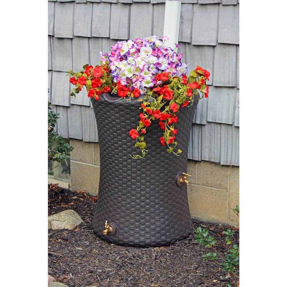 Dark Brown Wicker 50-Gallon Dual Spigot Rain Barrel Planter