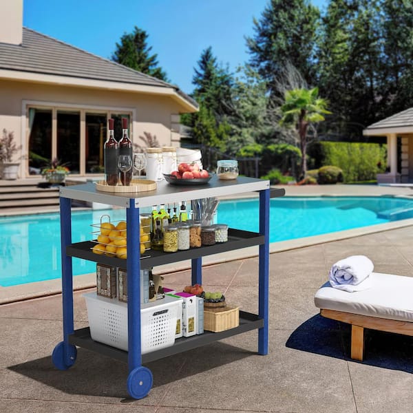 Unbranded - Black 3-Shelf Storage Outdoor Steel Grill Cart with Navy HDPE Legs