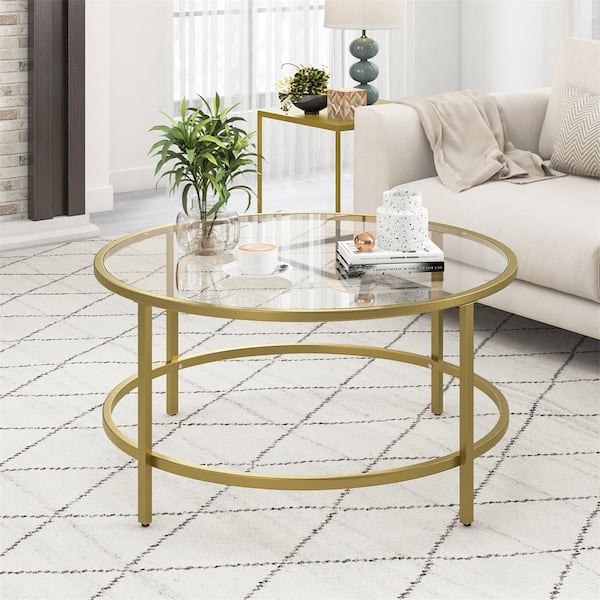 Costway 36 in. Golden Round Tempered Glass Tabletop Coffee Table Metal Frame Living Room H9I 10N4 A18GD