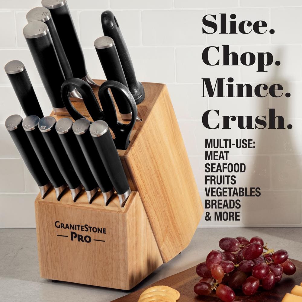 GraniteStone Pro 15-Piece Stainless Steel Knife Set with Wooden Block