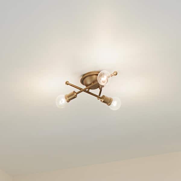 KICHLER Armstrong 15 in. 3-Light Natural Brass Mid-Century Modern Hallway Flush Mount Ceiling Light