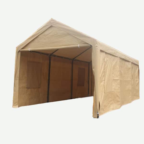 Unbranded 10 ft. W x 20 ft. D Heavy-Duty Metal Shed Carport Car Canopy Shelter Portable Garage Beige (96 sq. ft.)