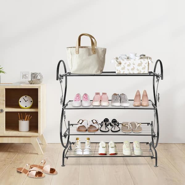 27.55 in. H 12-Pair 4-Tire Metal Black Shoe Rack