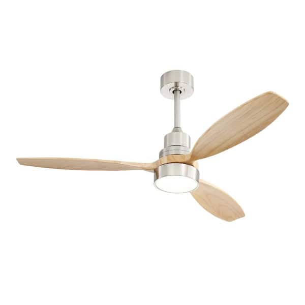 52 in. Silver Integrated LED Ceiling Fan with Light and Remote Control Solid Wood Blades for Living Room