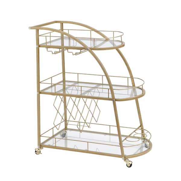 Amucolo Golden 3tier Metal and Glass Rolling Bar Cart Serving Wine