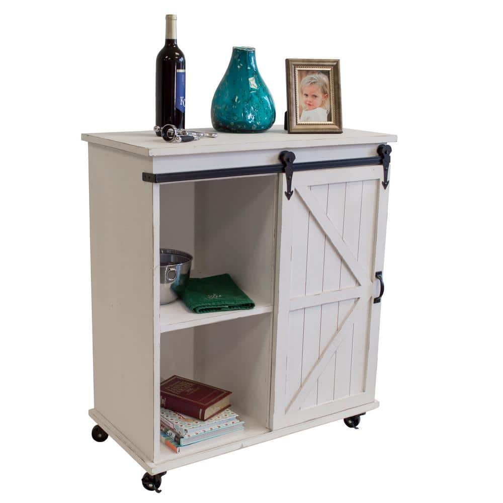 Distressed White Solid Wood Office Cabinet with Sliding Barn Door