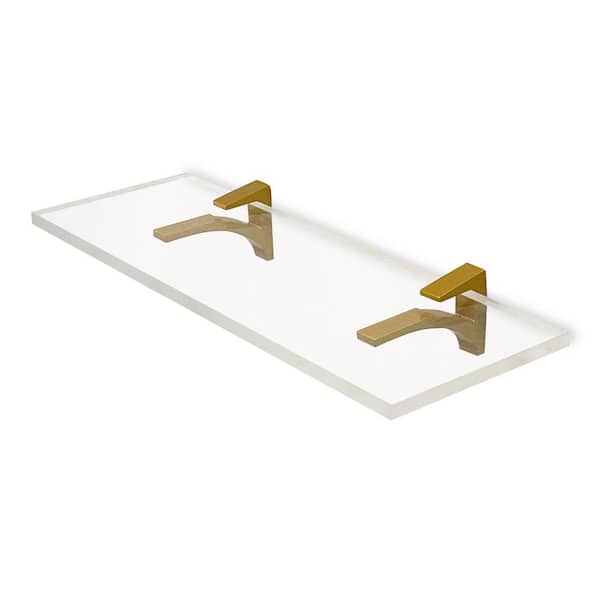 Fab Glass and Mirror 6 in. W x 0.75 in. H x 30 in. D Floating Wall Mount Clear Acrylic Rectangular Shelf 3/4 in. Thick with Brass SC Brackets