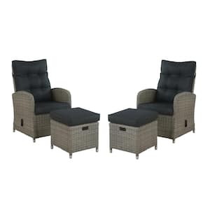 Monaco 4-Piece All-Weather Wicker Outdoor Recliner and Ottoman Set with Dark Gray Cushions