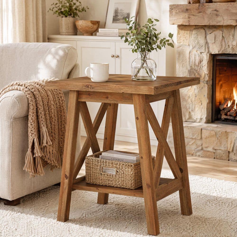 Kerlin 19.7 in. Brown Square Solid Wood End Table, 2-Tier Side Table Nightstand with Storage for Living Room Bedroom price history on PriceWatchPro