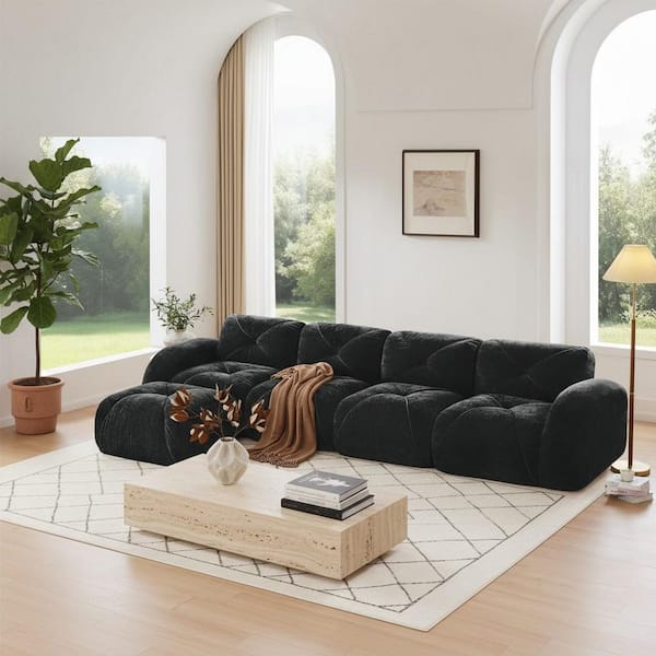 SAND 140.9 in. Oversize L-Shape Modular Velvet 4-Seat Sectional Sofa Set in. Charcoal Black, Comfort Design, No Assembly