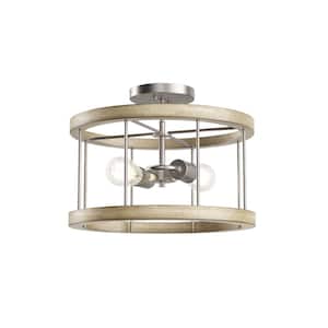 Barrett 14 in. 2-Light Distressed Antique Gray with Brushed Nickel Rustic Hallway Convertible Flush Mount Ceiling Light