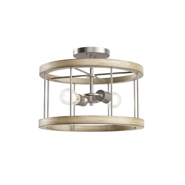 KICHLER Barrett 14 in. 2-Light Distressed Antique Gray with Brushed Nickel Rustic Hallway Convertible Flush Mount Ceiling Light