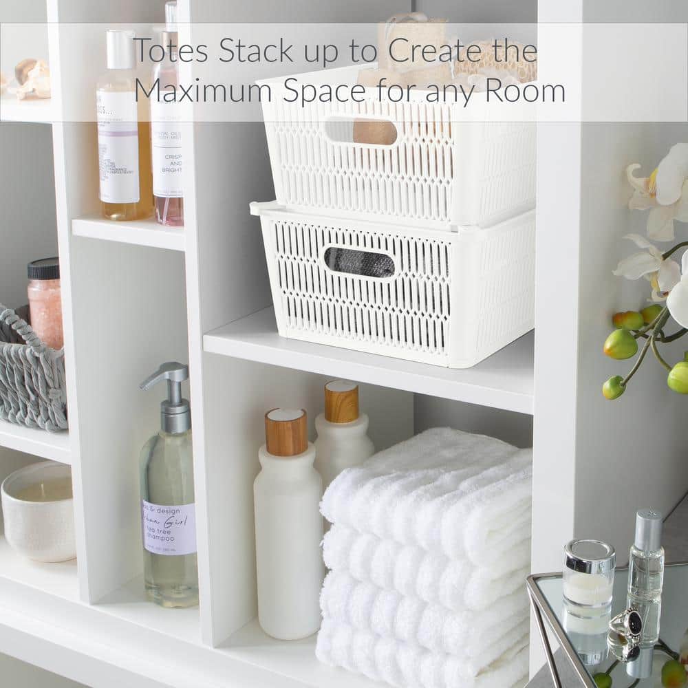 MaxSpace White Slide & Stack 11" Square Plastic Storage Tote Baskets, 2-Pack