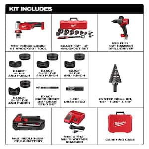 M18 18V Lith-Ion 1/2 in. to 4 in. 6-Ton Cordless Knockout Tool Kit w/ One 2. 0Ah Battery, Hammer Drill, & Step Bit