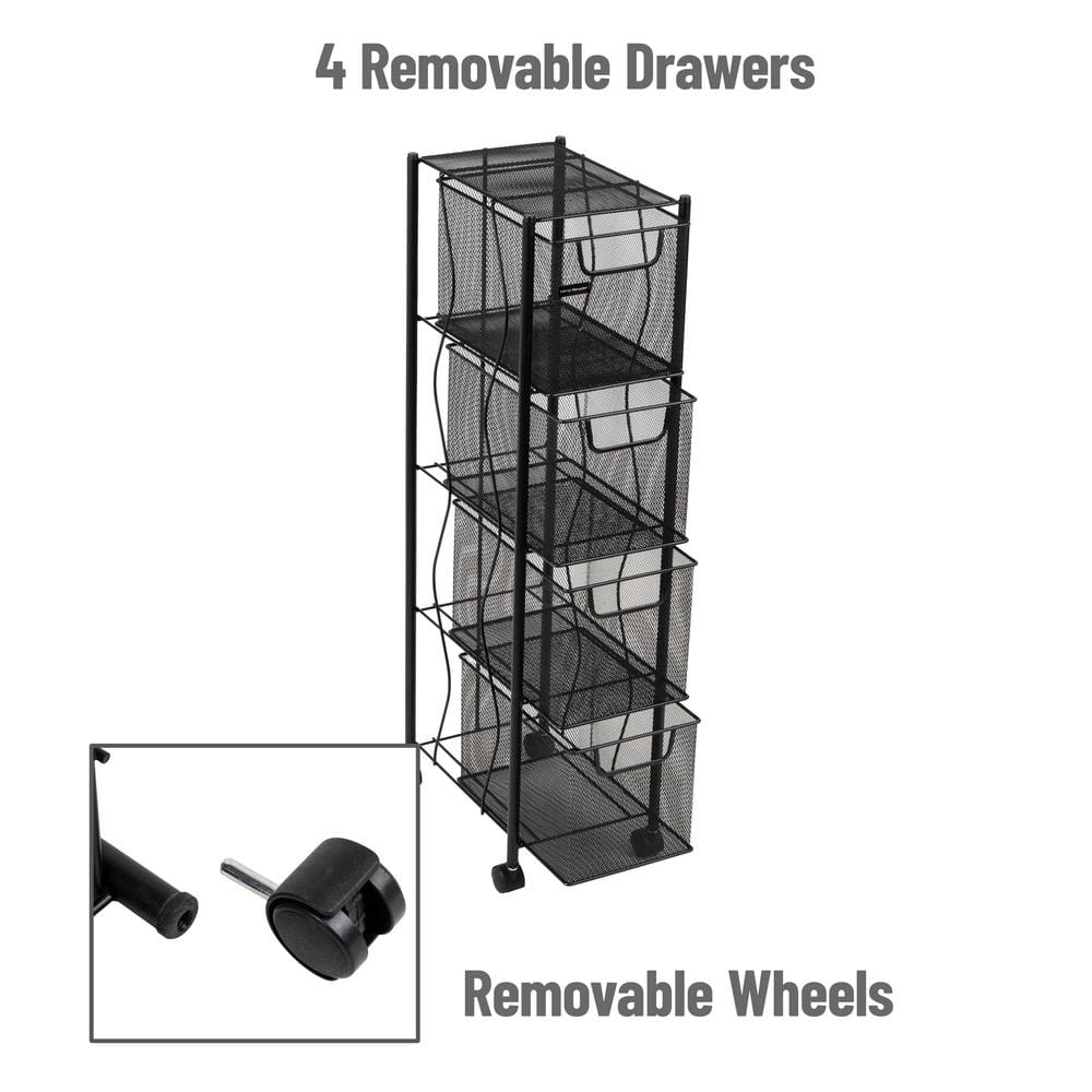 Black Metal Mesh 4-Drawer Mobile Storage Trolley