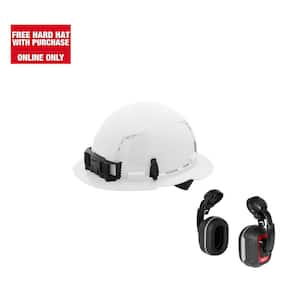 BOLT White Type 1 Class C Full Brim Vented Hard Hat with 4 Point Ratcheting Suspension W/BOLT HP Cap Mounted Ear Muffs