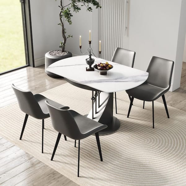 31 in. to 51 in. Round White Sintered Stone Extendable Dining Table with Gunmetal Gray Pedestal, Seats-6
