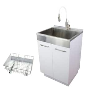 24 in. x 20 in. x 34.6 in. Stainless Steel Laundry/Utility Sink and Particle Board Cabinet with Faucet, Basket in White