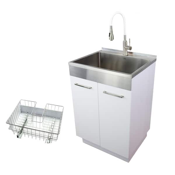 Transolid 24 in. x 20 in. x 34.6 in. Stainless Steel Laundry/Utility Sink and Particle Board Cabinet with Faucet, Basket in White