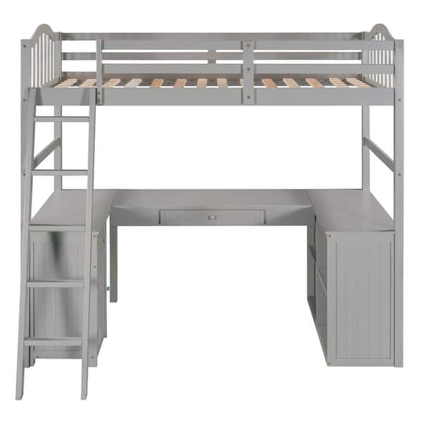 STICKON Gray Twin Size Wooden Loft Bed with Drawers, Cabinet, Shelves and Desk