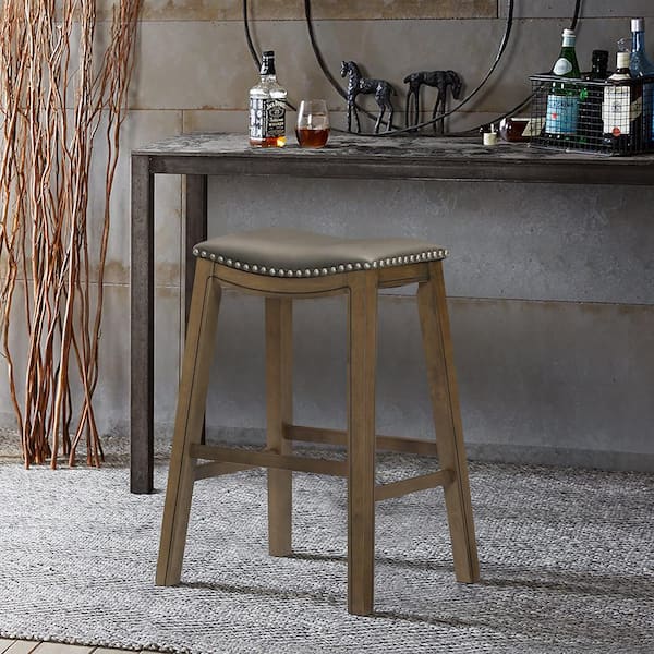 Pecos 30 in. Brown Wood Pub Height Dining Stool with Gray Faux Leather Seat