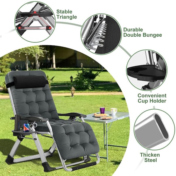 BOZTIY Folding Zero Gravity Metal Frame Recliner Outdoor Lounge Chair with Side Tray, Adjustable Headrest, Gray Cushion