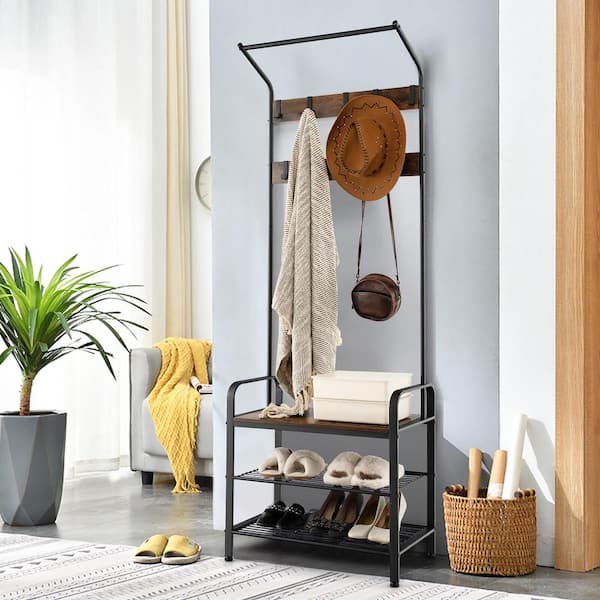 3-in-1 Industrial Coat Rack Stand with 9 Hooks Shoe Bench