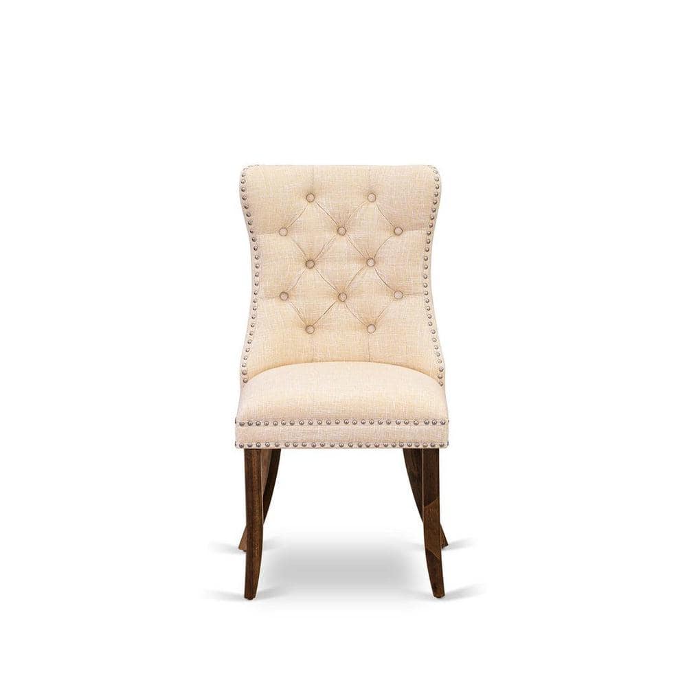 Antique Walnut 3-Piece Dining Set with Light Beige Linen Upholstered Chairs