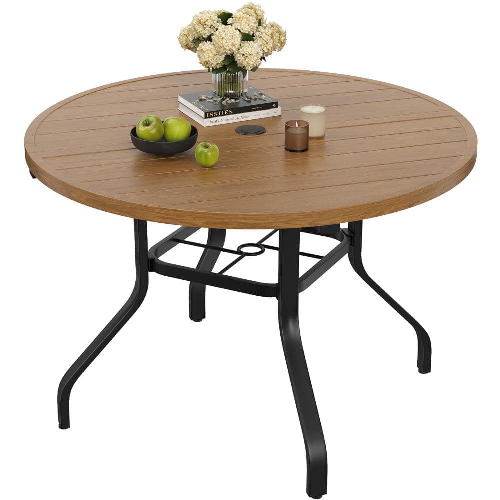 41 Inch Natural Round Metal Outdoor Table Wood-Like Grain Patio Dining Table with Umbrella Hole price history on PriceWatchPro