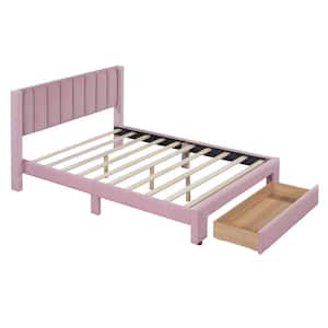 Pink Wood Frame Full Velvet Upholstered Platform Bed with a Big Drawer