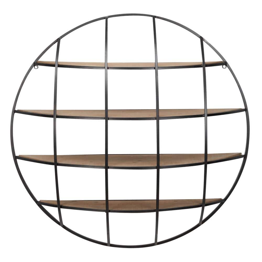 Rustic Iron and Wood 36" Geometric Round Floating Wall Shelf
