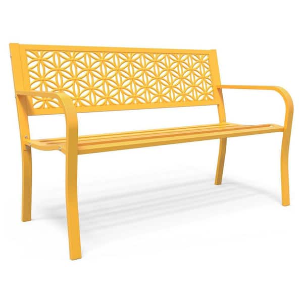 50 in. 2-Person Yellow Metal Outdoor Bench with Floral Back