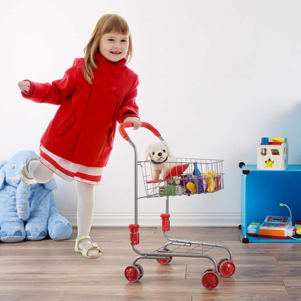 Red and Silver Metal Pretend Play Grocery Cart for Kids
