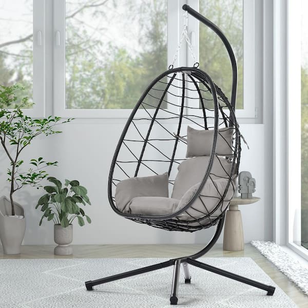 Coporesell 1-Person Egg Swing Chair Black Wicker Outdoor Patio Hanging Chair with Light Gray Cushion