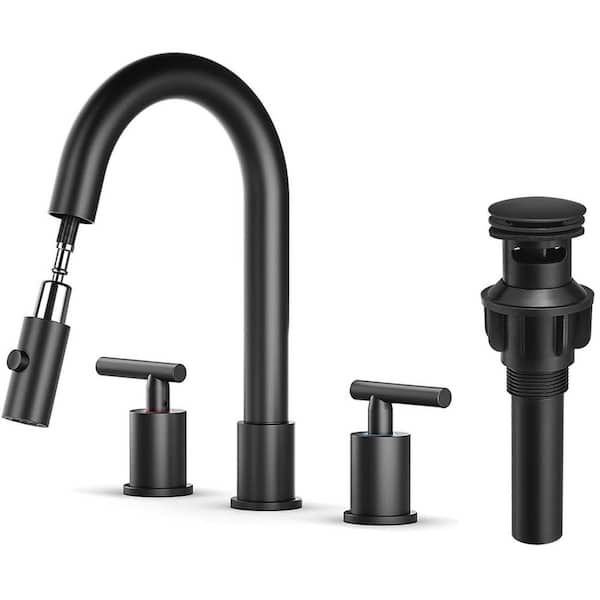 MTTCLE 8 in. Widespread 3-Hole Double Handle Pull Down Bathroom Faucet with Drain in Matte Black