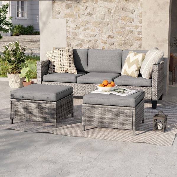 3-Seater Patio Gray Wicker Sofa set with Ottomans, Gray Cushion