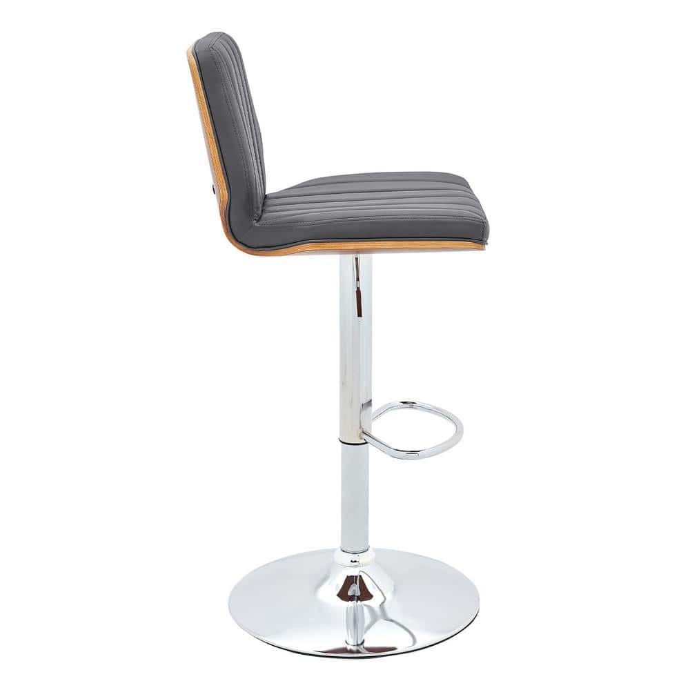 Gray Adjustable Swivel Bar Stool with Chrome and Walnut Accents