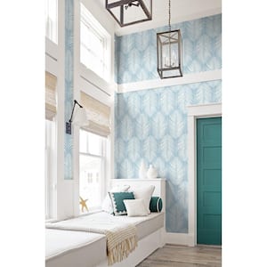 56 sq. ft. Hampton Blue Athena Palm Unpasted Wallpaper Roll