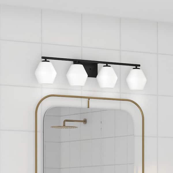 Copeland Collection 33 in. 4-Light Matte Black Vanity Light with Etched Opal Glass Shades