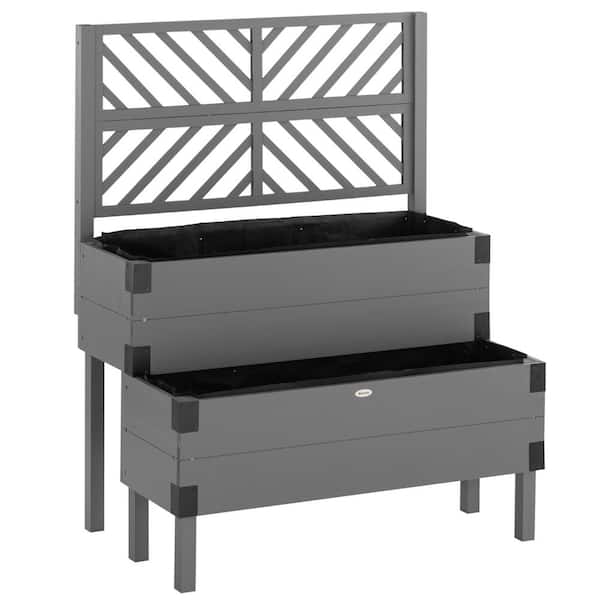 Outsunny Gray 2-Tier Wooden Raised Garden Bed with Trellis, Elevated Planter Box with Legs and Metal Corners