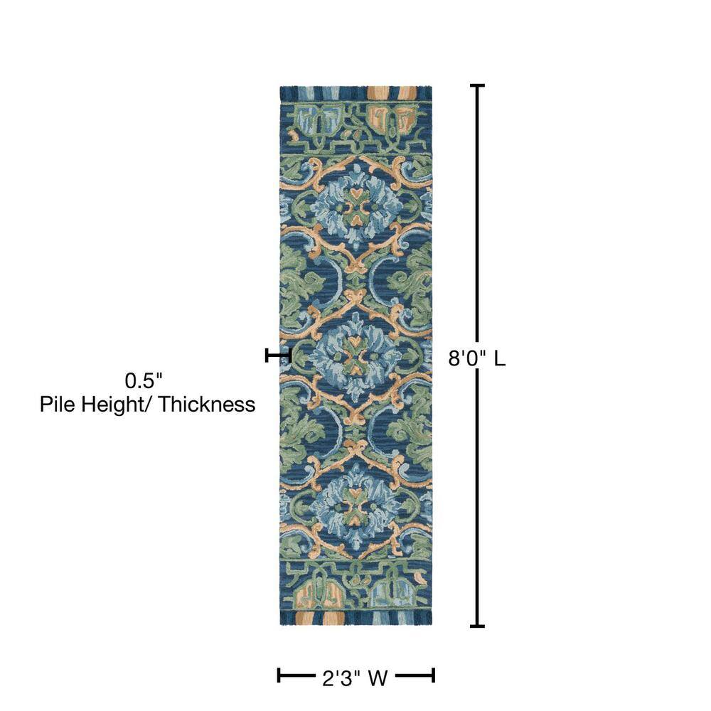 Handmade Blue and Green Floral Wool Runner Rug, 2'3" x 8'