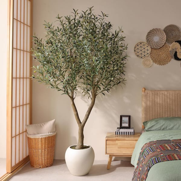 7 ft. Artificial Olive Tree with White Planter, Fake Olive Silk Tree for Indoor Outdoor Home Decor