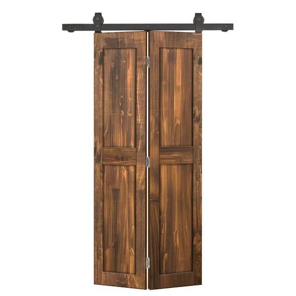 CALHOME 32 in. x 80 in. 2-Panel Shaker Hollow Core Walnut Pine Wood Bi-fold Door with Sliding Barn Door Hardware Kit