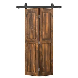 38 in. x 80 in. 2-Panel Shaker Hollow Core Walnut Pine Wood Bi-fold Door with Sliding Barn Door Hardware Kit